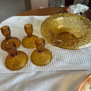 Imperial/Dugan Tree of Life pattern candle stick holders and console bowl